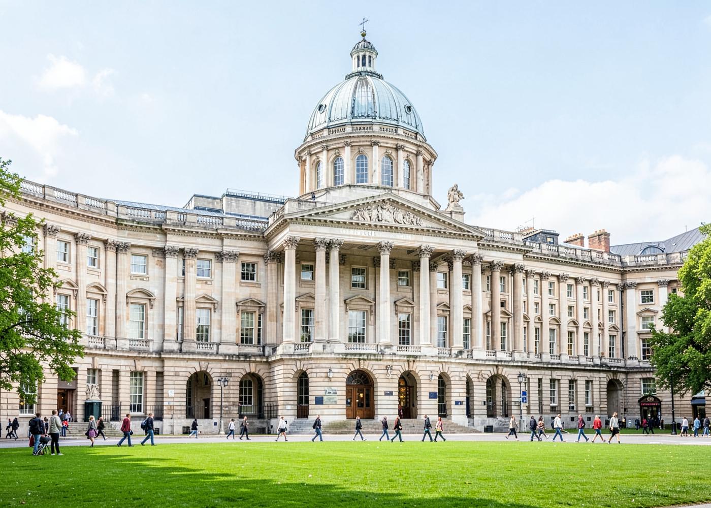 Edifício universitário neoclássico em Londres com gramado e estudantes
