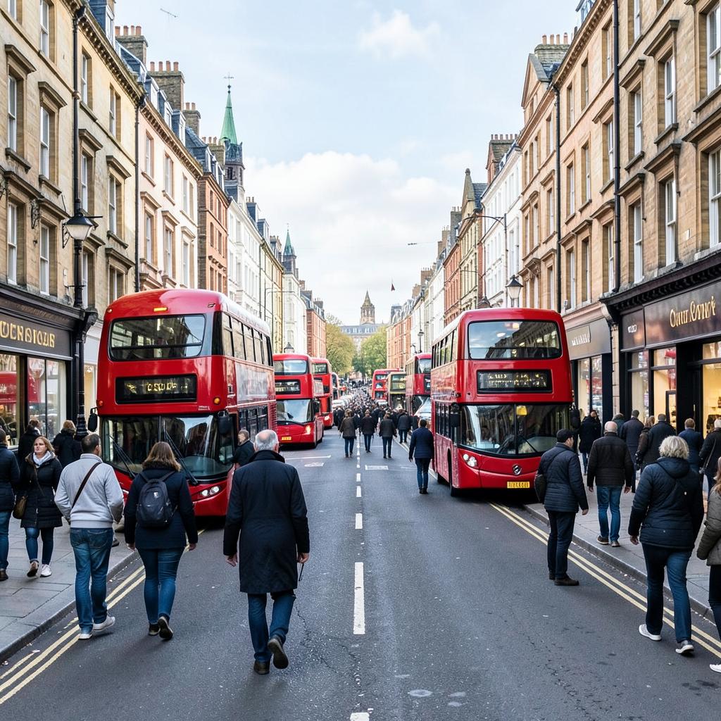 Oxford Street movimentada com ônibus vermelhos e pedestres