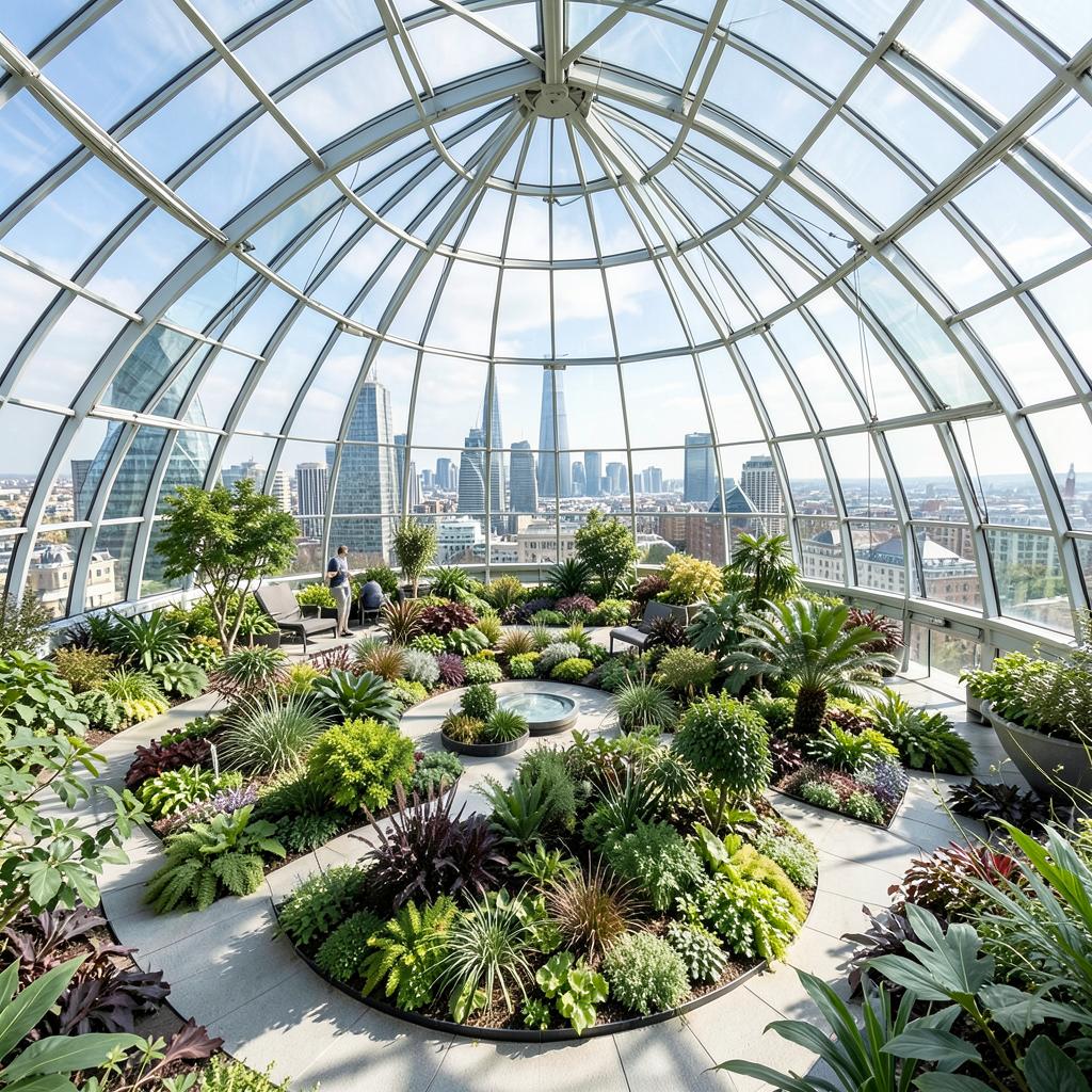 Jardim suspenso sob cúpula de vidro com vista para Londres