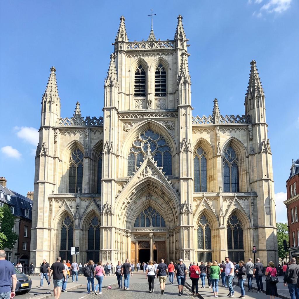 Fachada gótica da Abadia de Westminster em dia ensolarado