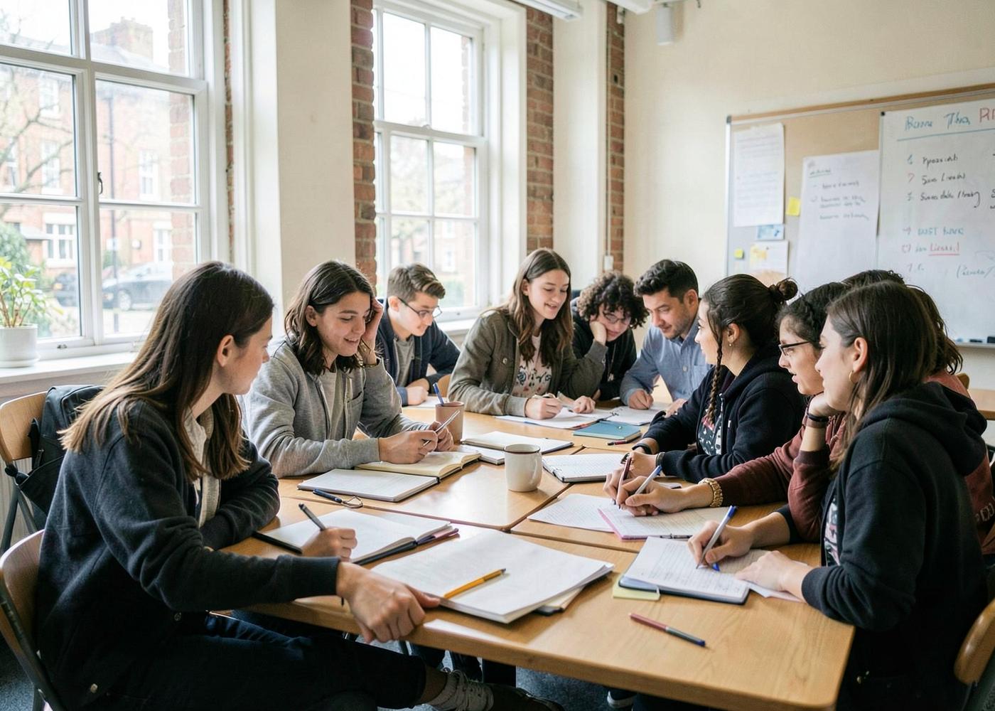 Estudantes internacionais em sala de aula clara em Londres
