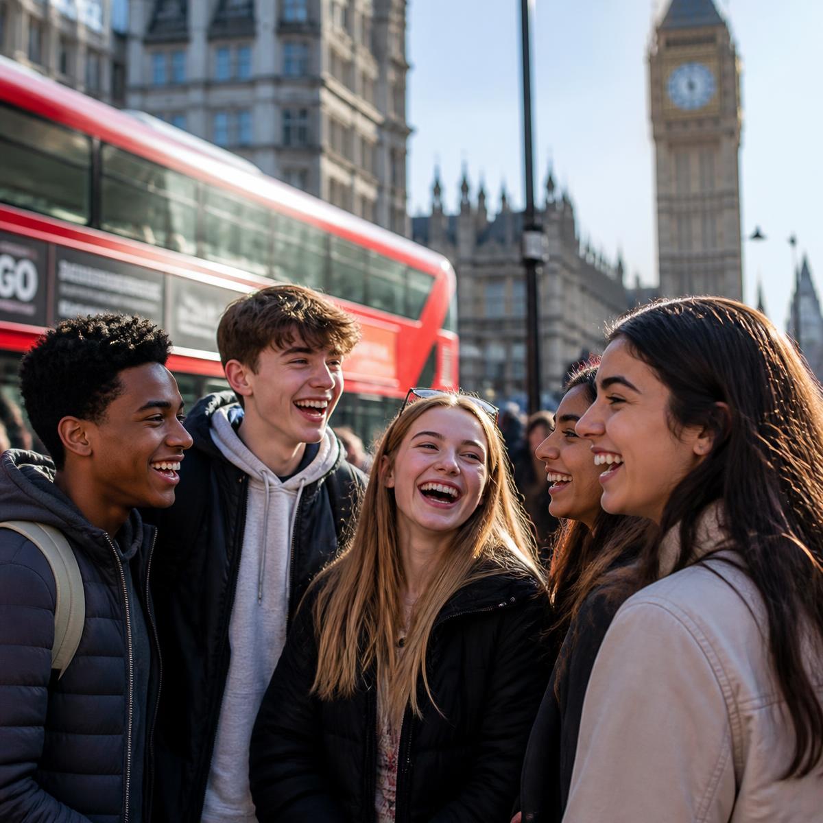 Grupo de adolescentes sorrindo juntos em uma rua de Londres