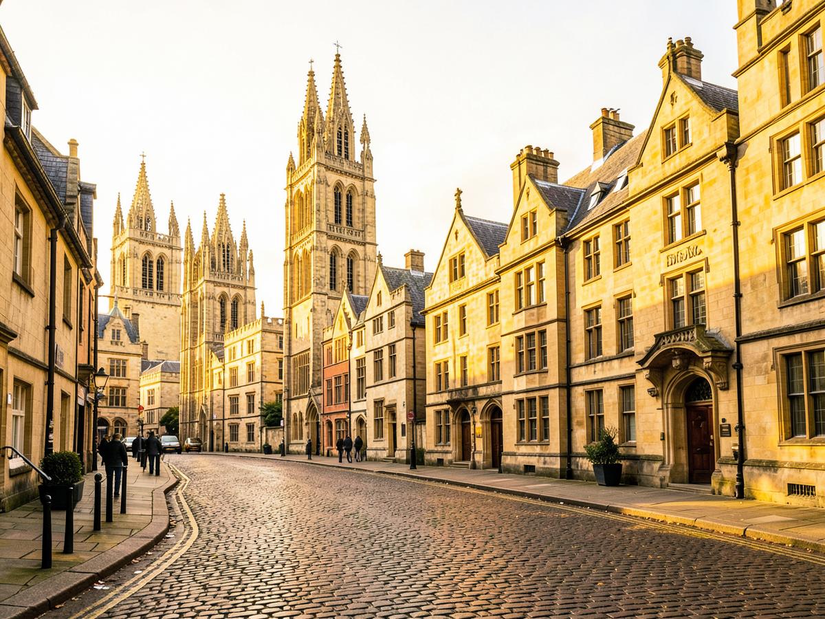 Ruas de pedra e torres históricas da cidade de Oxford