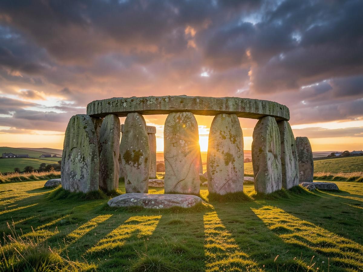 Círculo de pedras de Stonehenge ao amanhecer no campo inglês